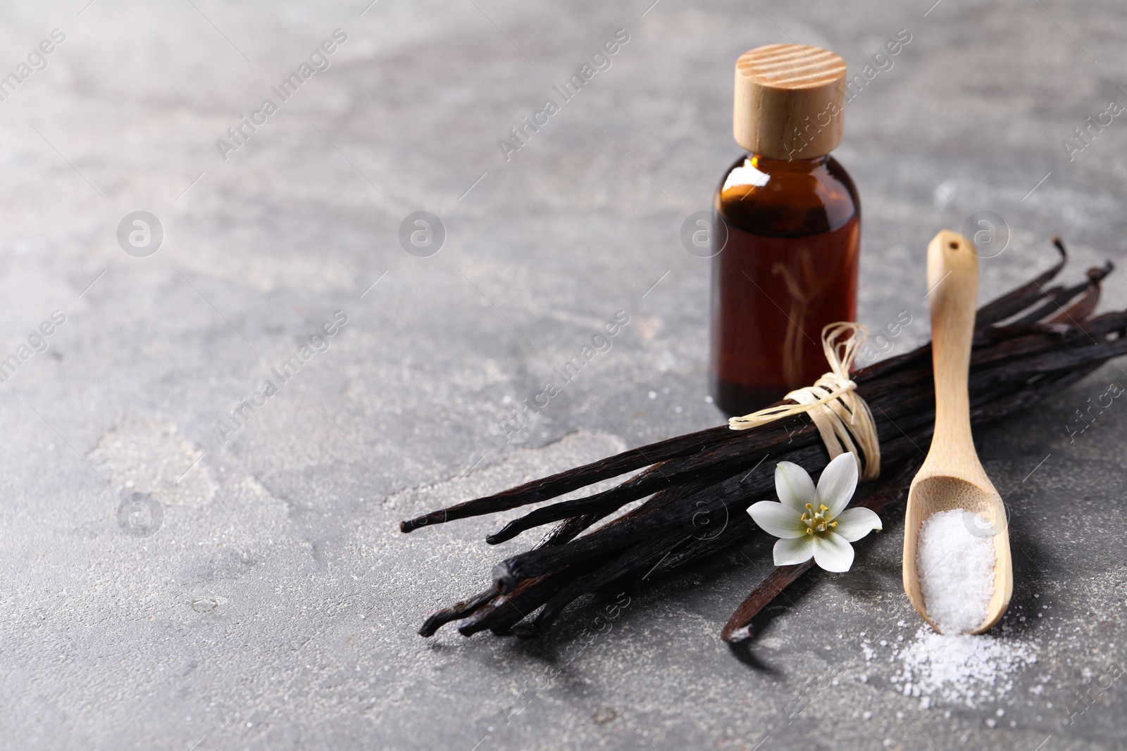 Photo of Spoon with sugar, flower, vanilla pods and bottle of essential oil on grey textured table, closeup. Space for text