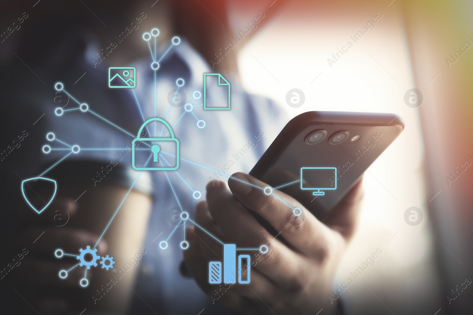 Image of Information security. Young woman using smartphone indoors, closeup