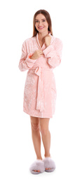 Photo of Young woman in bathrobe on white background