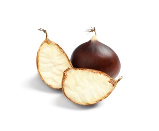 Photo of Fresh sweet edible chestnuts on white background