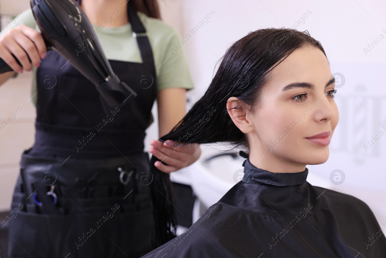 Photo of Hairdresser drying woman's hair in beauty salon, closeup