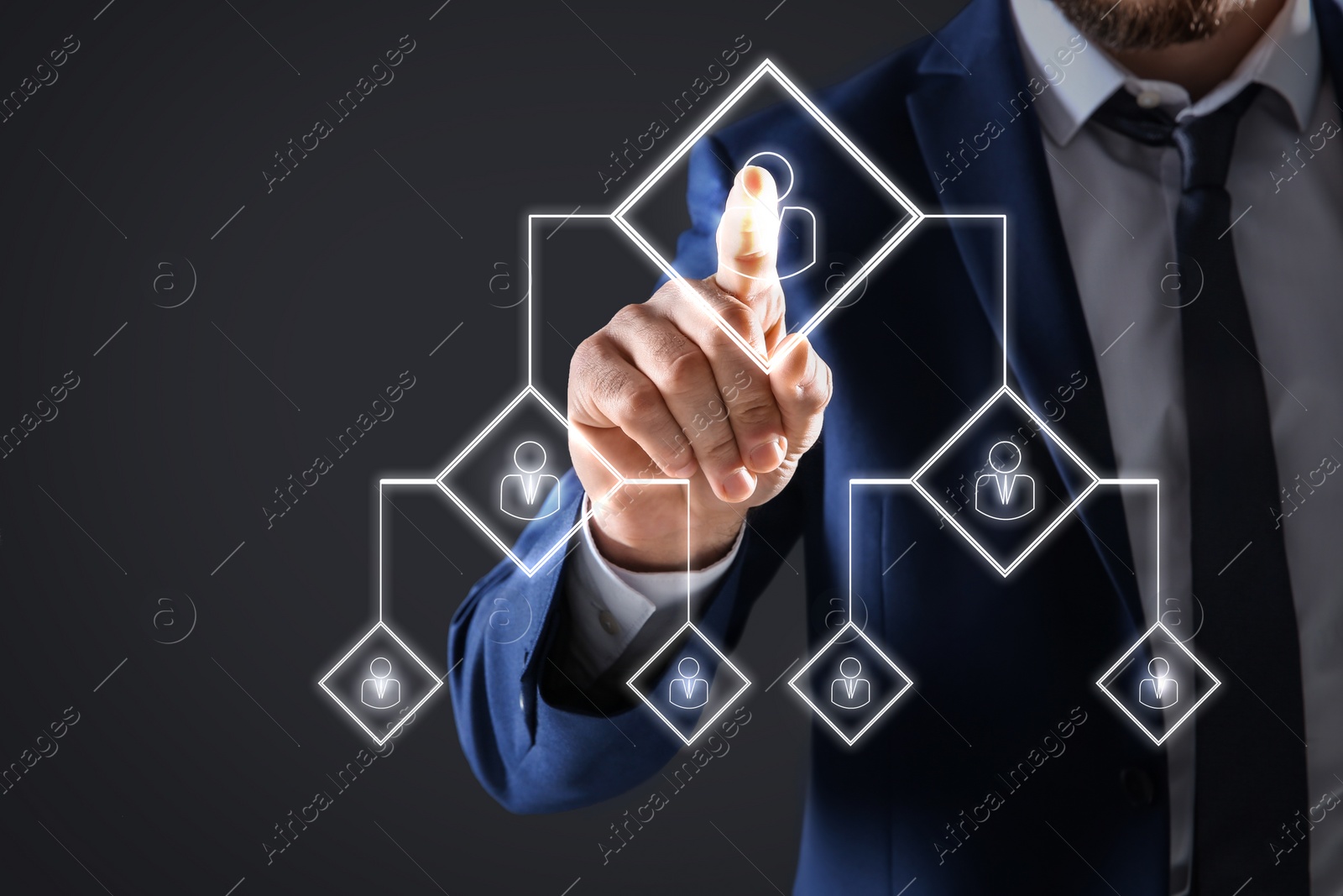 Image of Man touching icon on virtual screen with structure of organization, closeup. Business corporation