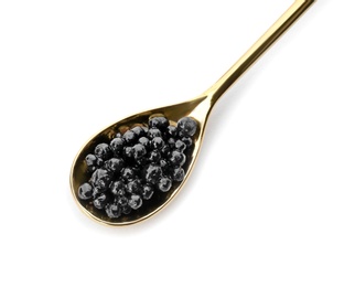 Metal spoon with black caviar on white background