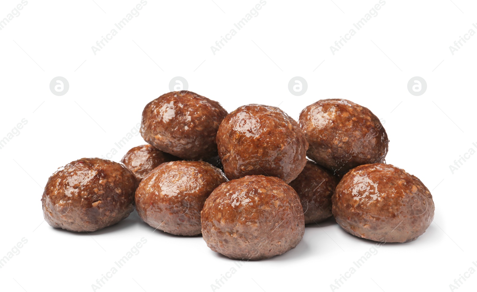 Photo of Pile of tasty cooked meatballs on white background