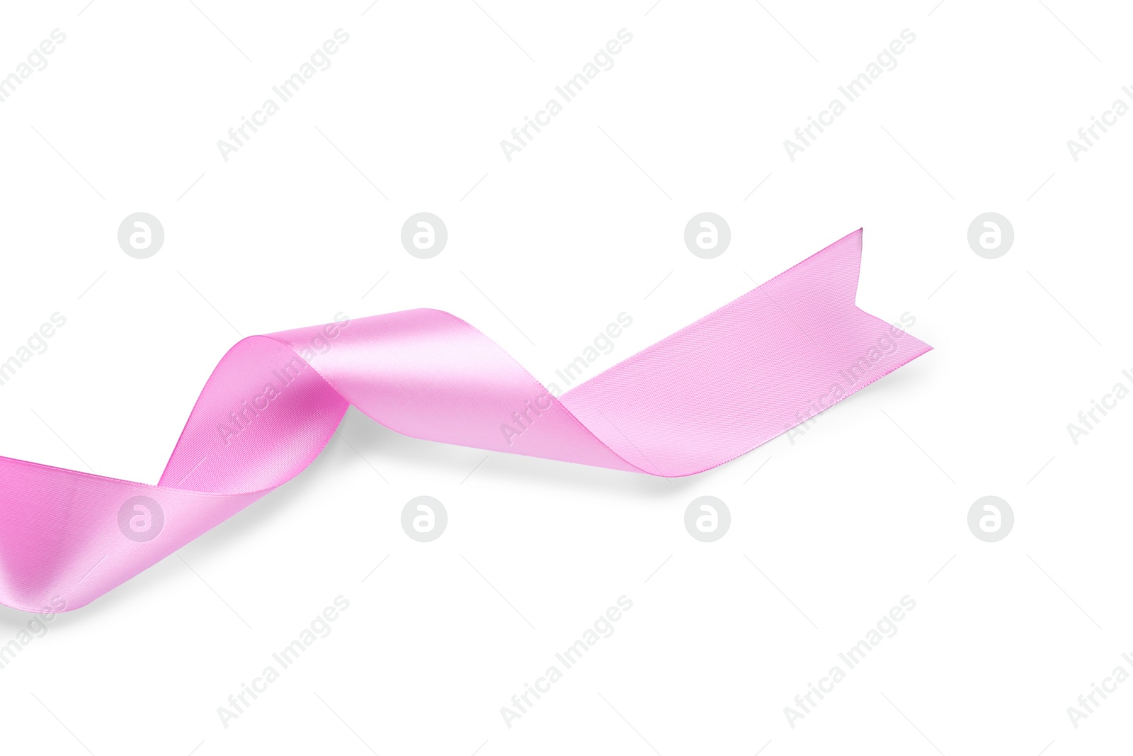 Photo of Beautiful pink ribbon isolated on white, top view