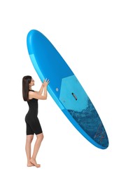 Woman with blue SUP board on white background