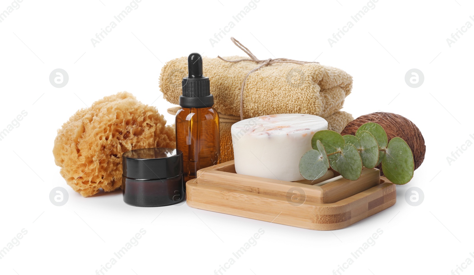 Photo of Composition with spa products and eucalyptus branch isolated on white