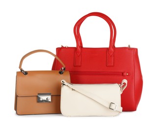 Collection of different stylish women's bags on white background