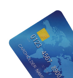 Photo of Blue plastic credit card on white background, closeup