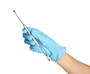 Doctor in sterile glove holding medical tool on white background