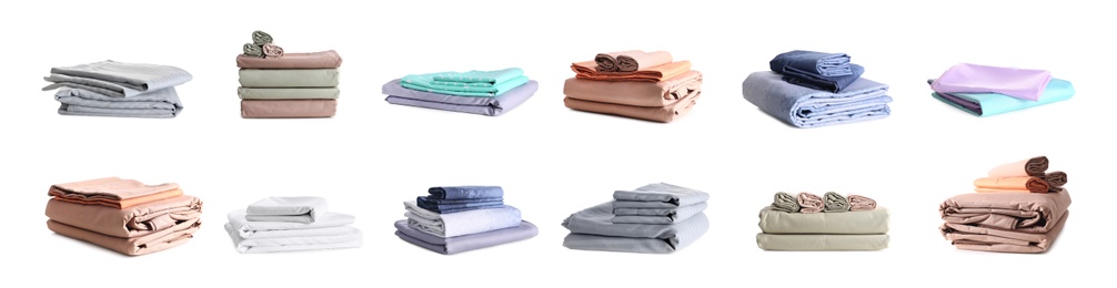 Image of Set with stacks of clean bed linen on white background. Banner design