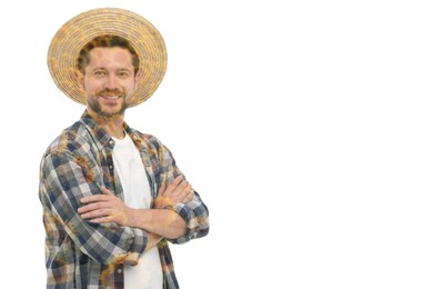 Double exposure of happy farmer and sunflower field on white background