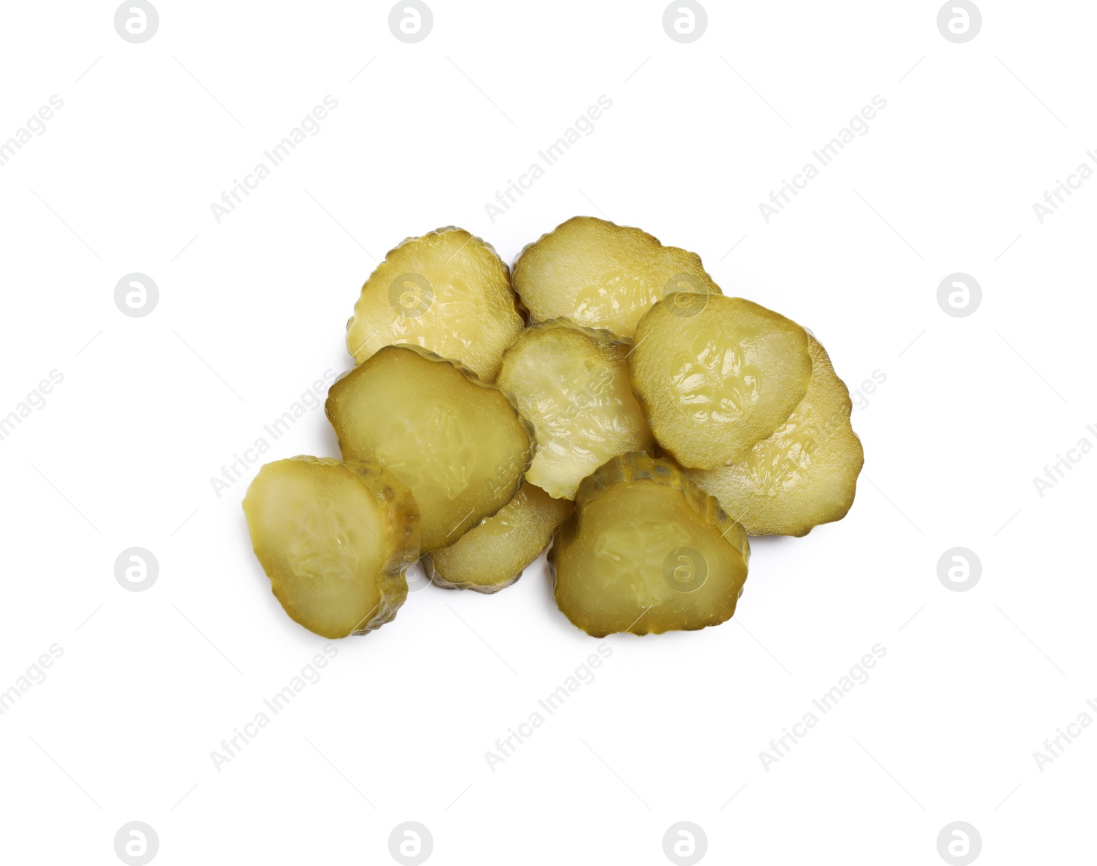 Photo of Slices of pickled cucumbers on white background, top view