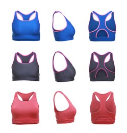 Comfortable sportswear. Collage with color sports bras on white background, different sides
