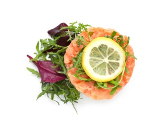 Photo of Tasty salmon tartare with basil, lemon and arugula isolated on white, top view