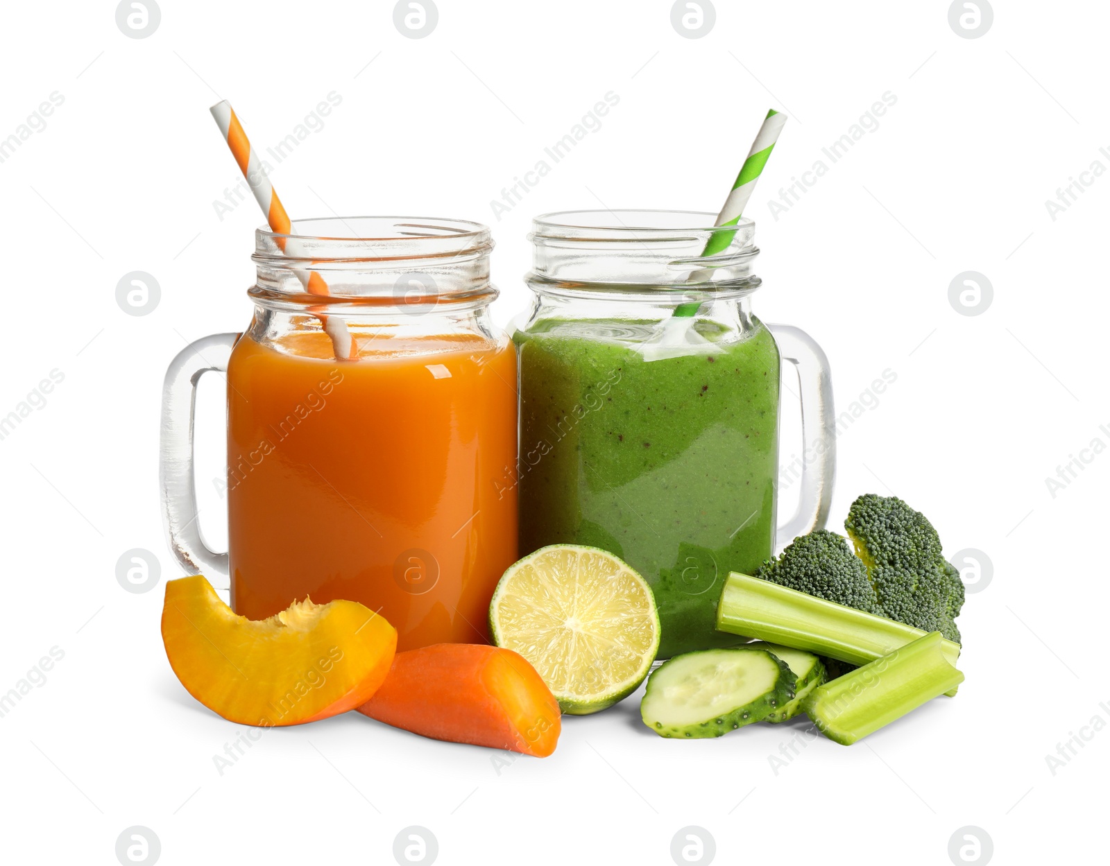 Photo of Delicious vegetable juices and fresh ingredients on white background