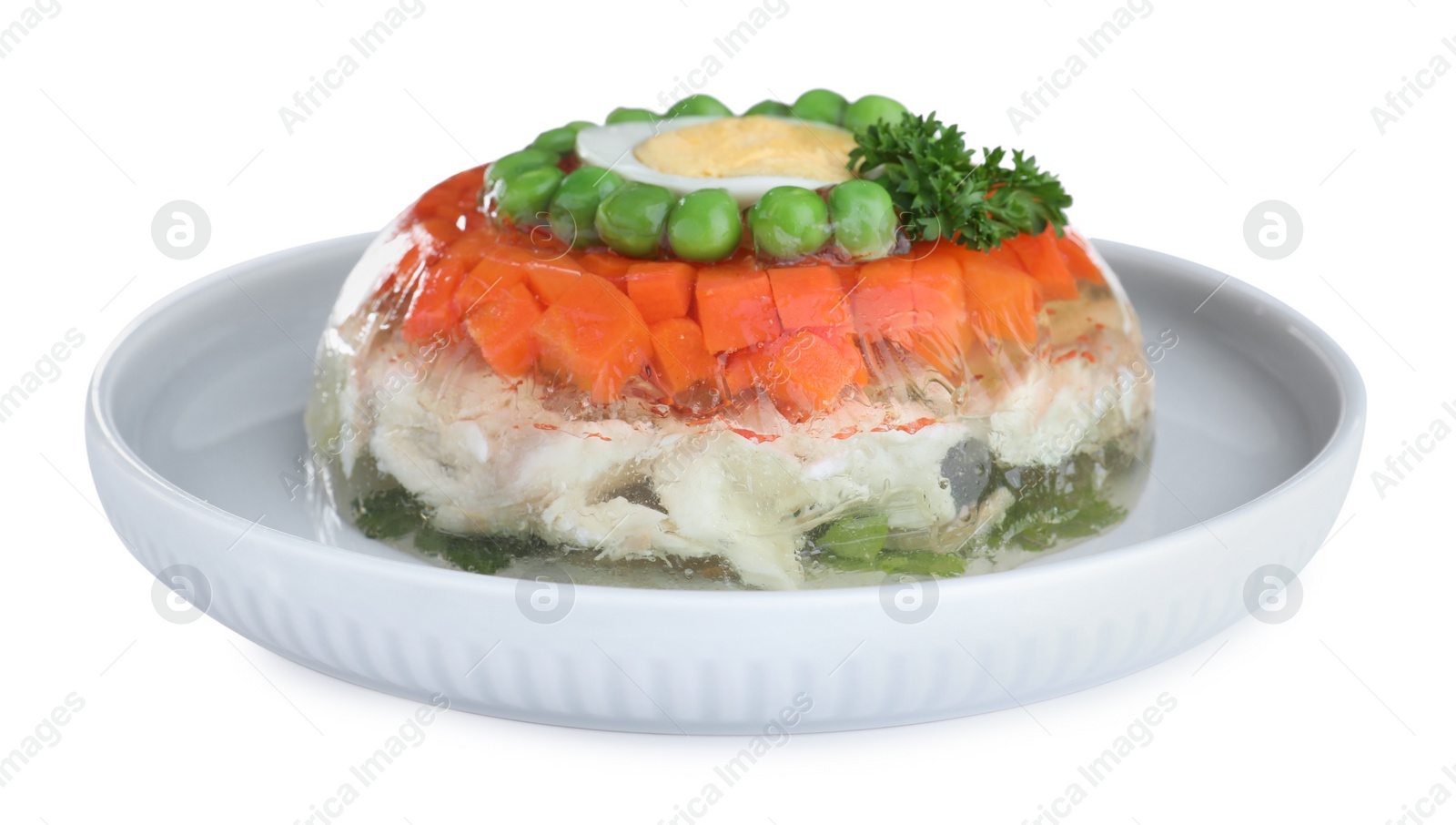 Photo of Delicious fish aspic in plate isolated on white