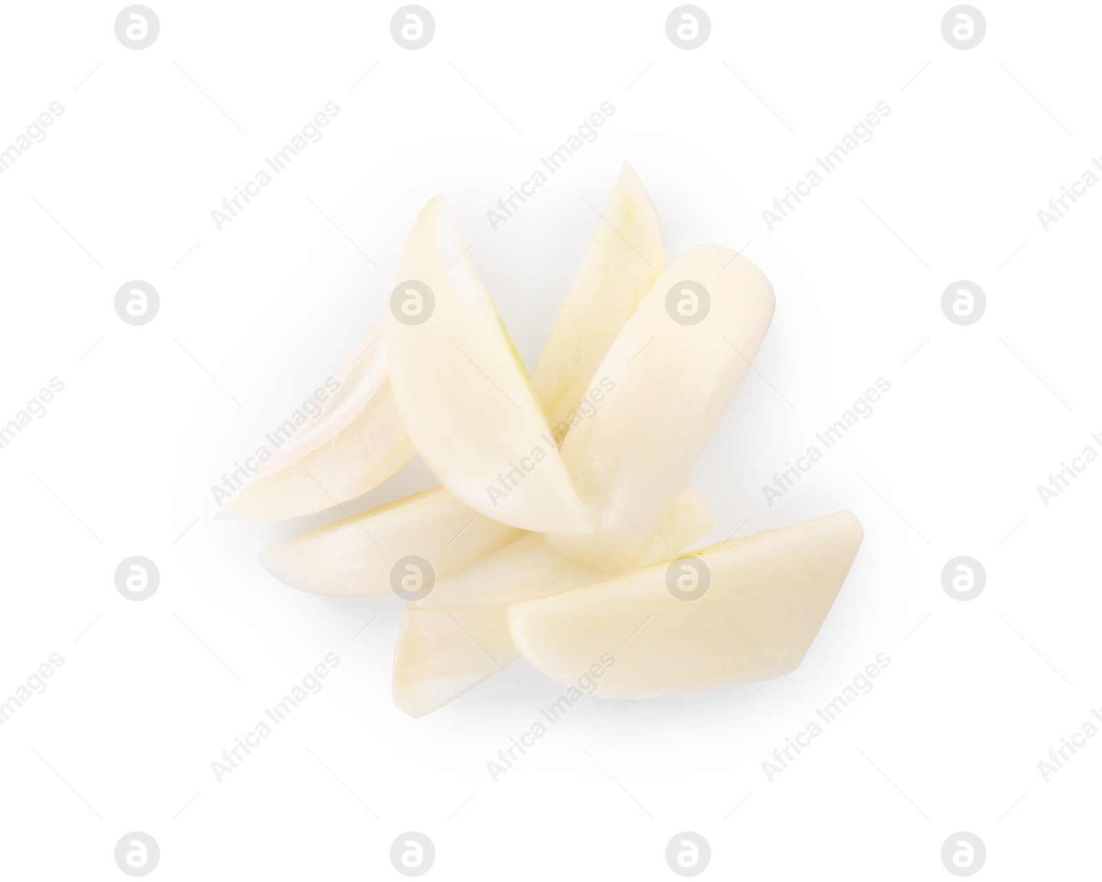 Photo of Peeled cloves of fresh garlic isolated on white, top view