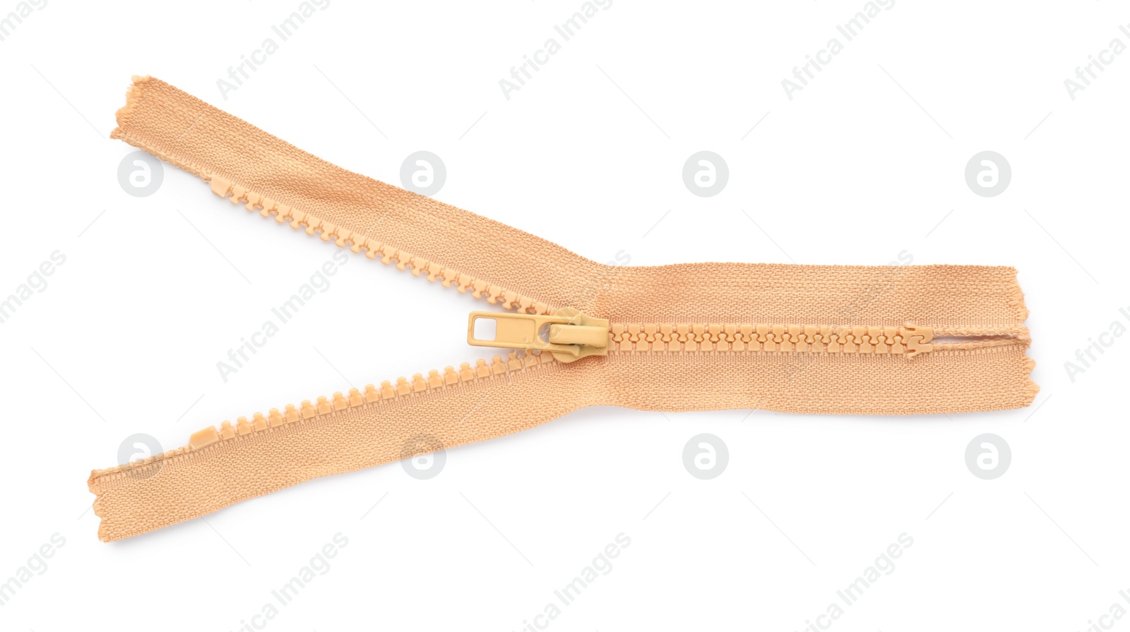 Photo of Beige zipper isolated on white, top view