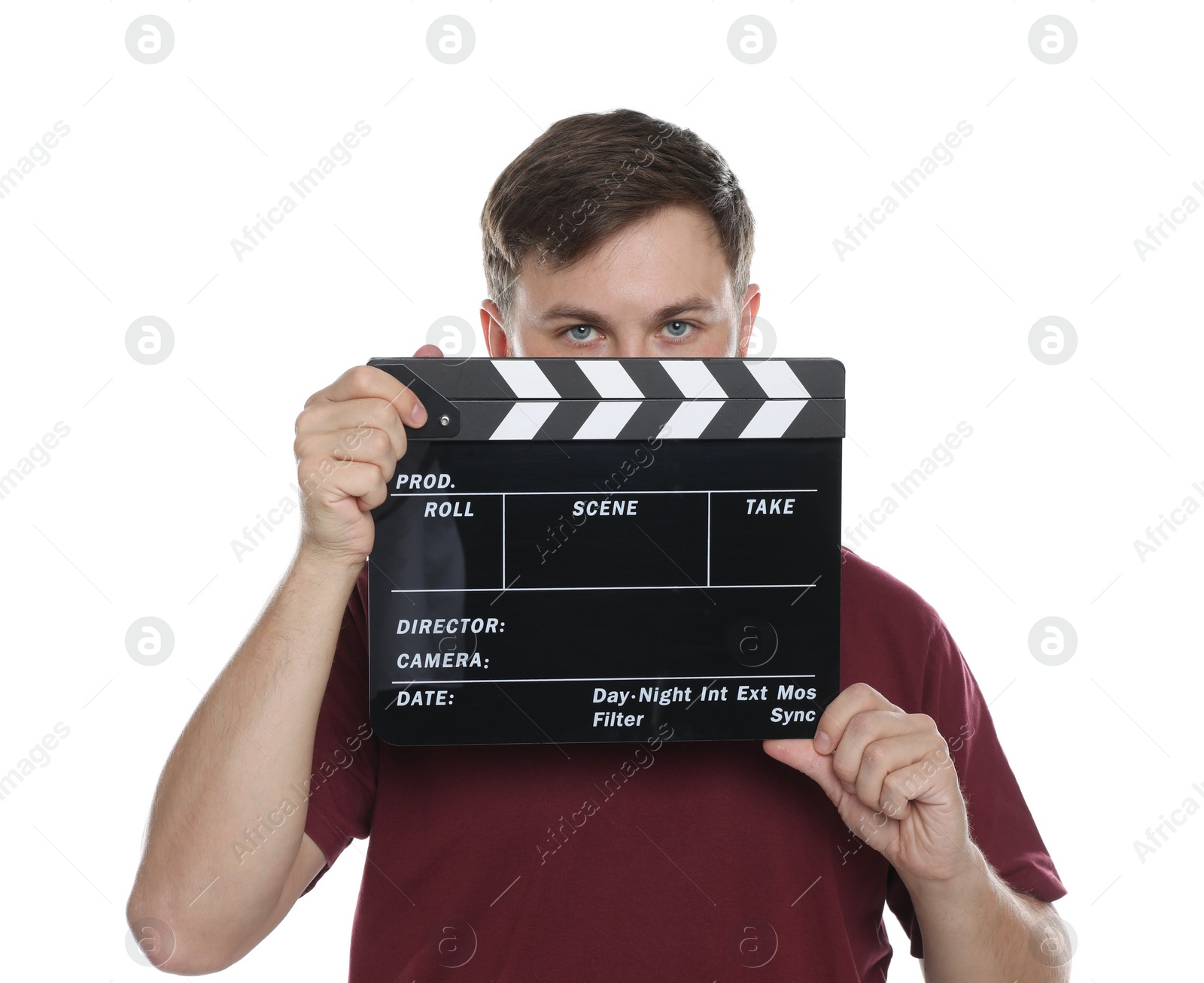 Photo of Making movie. Man with clapperboard on white background