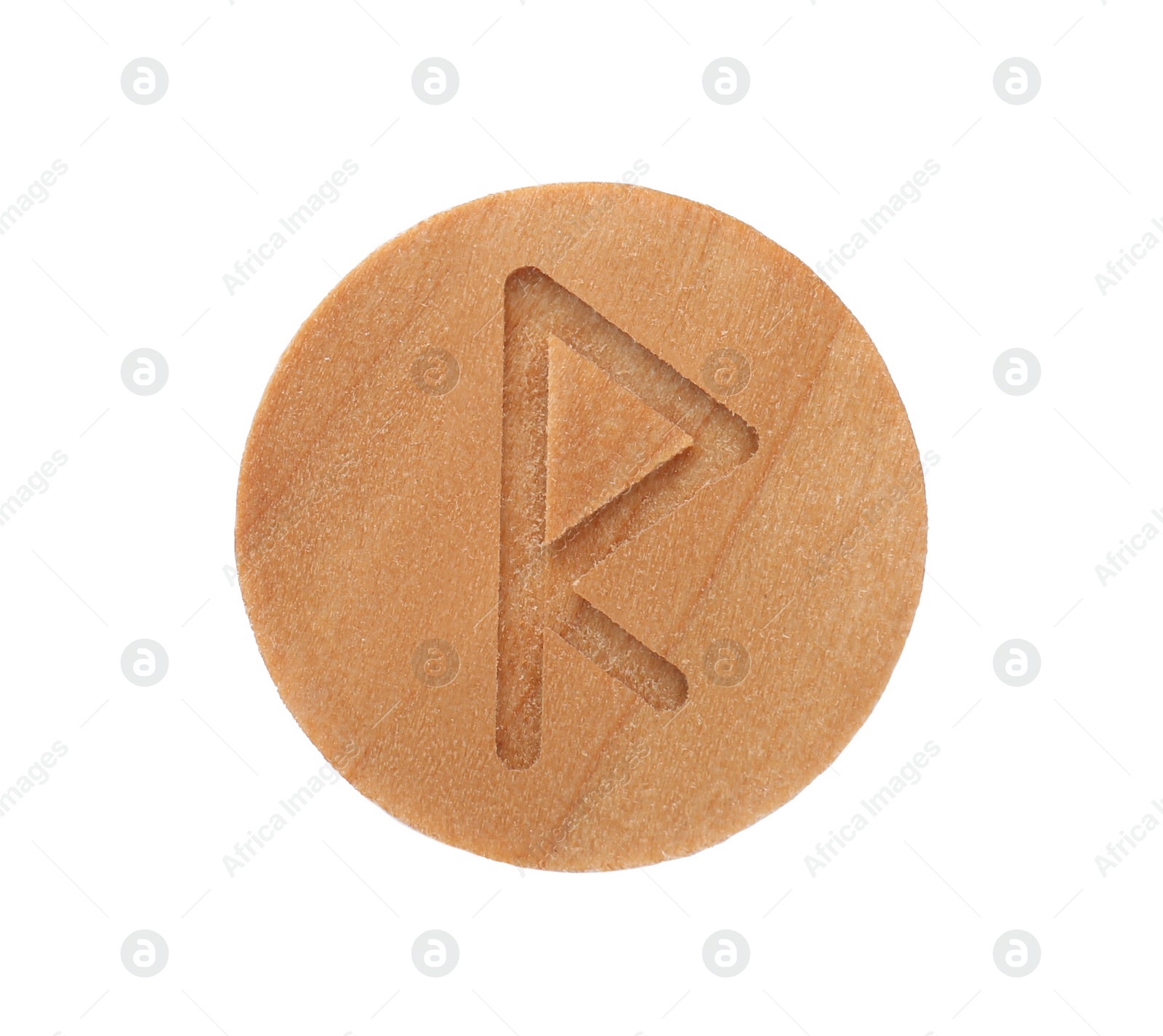 Photo of Wooden rune Raido isolated on white, top view