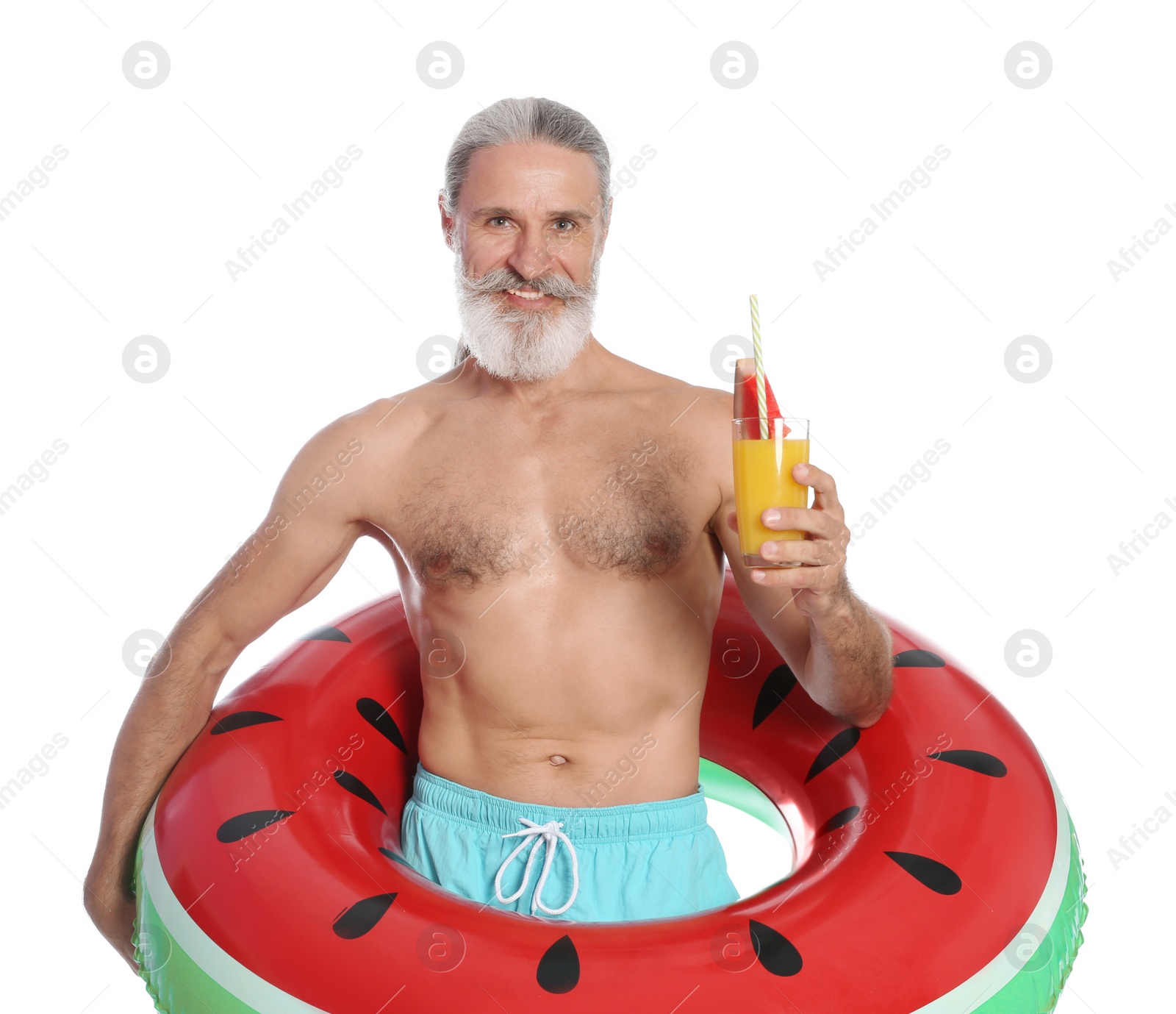 Photo of Shirtless man with inflatable ring and glass of cocktail on white background