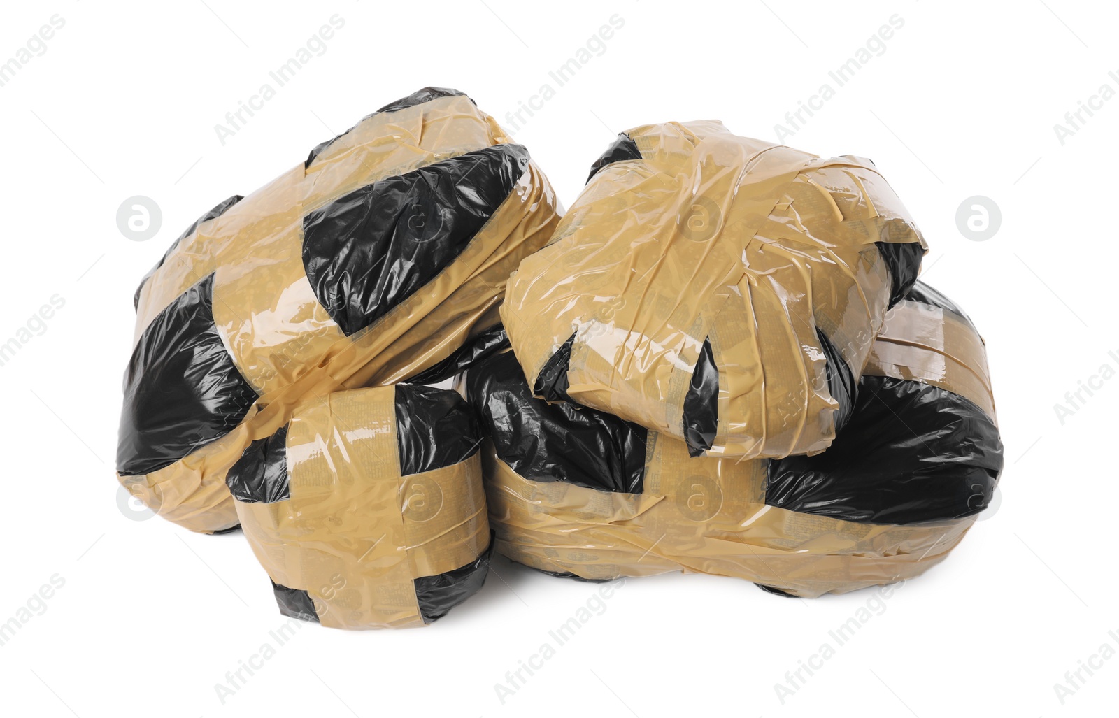 Photo of Packages with narcotics isolated on white. Drug addiction