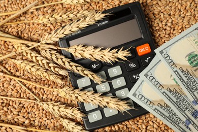 Photo of Dollar banknotes, calculator and wheat ears on grains, top view. Agricultural business