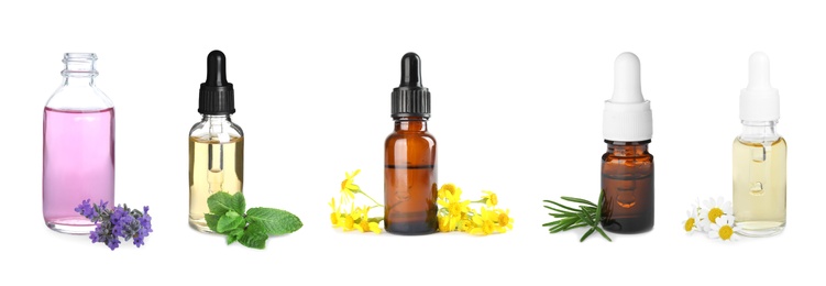 Image of Setdifferent essential oils for aromatherapy on white background, banner design