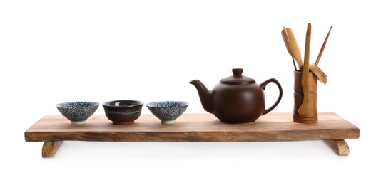Photo of Beautiful set for traditional tea ceremony on white background