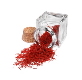 Photo of Aromatic saffron and glass jar isolated on white