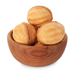 Photo of Bowl of delicious nut shaped cookies with condensed milk on white background