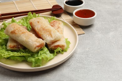 Photo of Delicious fried spring rolls served on grey table. Space for text