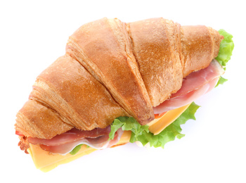 Photo of Tasty croissant sandwich with ham and cheese isolated on white, top view