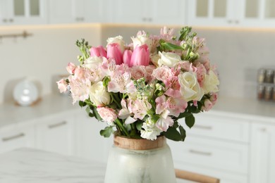 Beautiful bouquet of fresh flowers in vase indoors