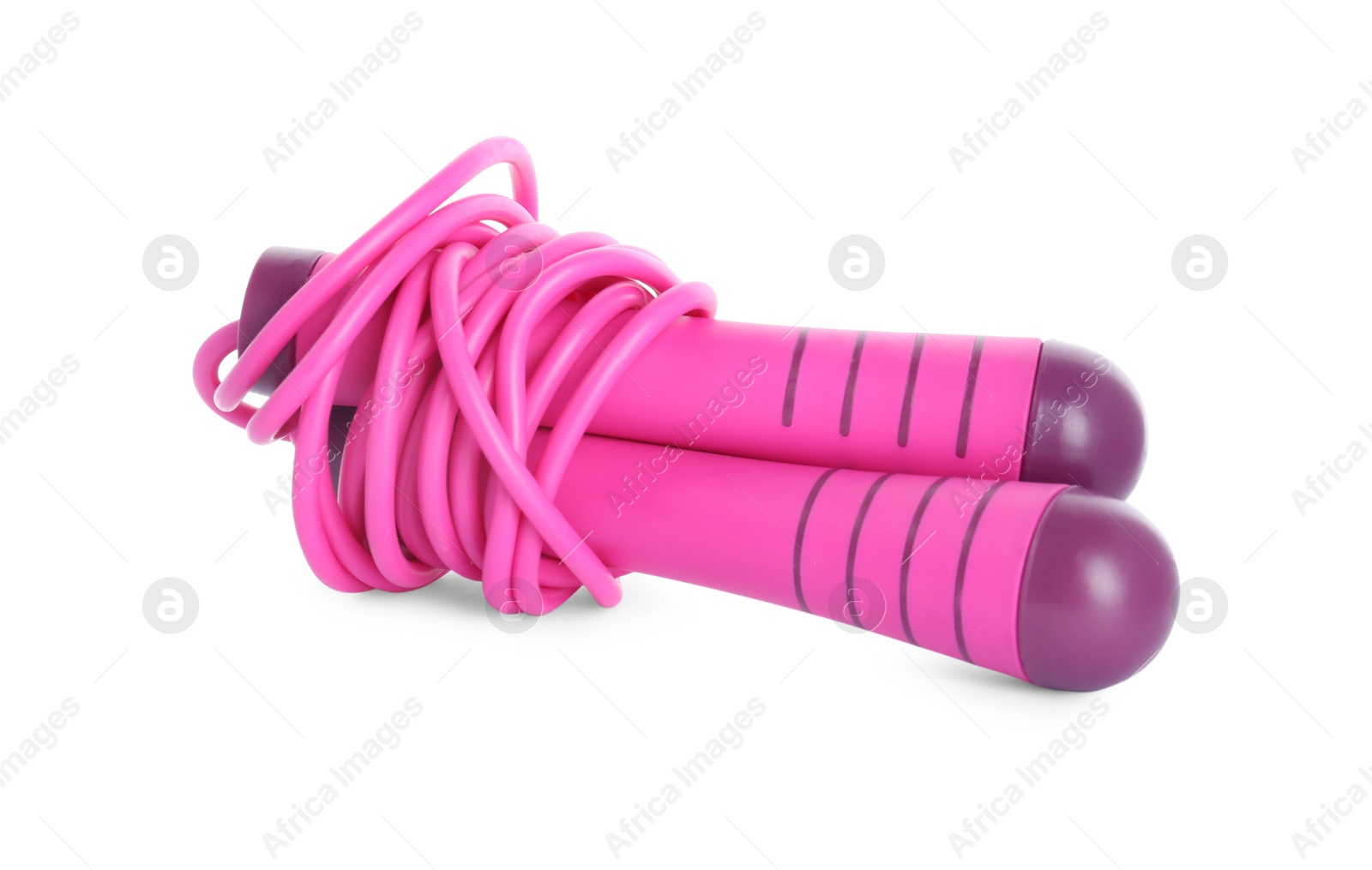 Photo of Pink skipping rope isolated on white. Sport equipment