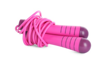 Photo of Pink skipping rope isolated on white. Sport equipment