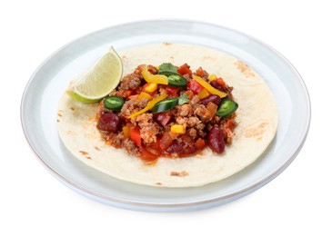 Tasty chili con carne with tortilla on white background