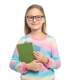 Portrait of cute girl in glasses with books on white background