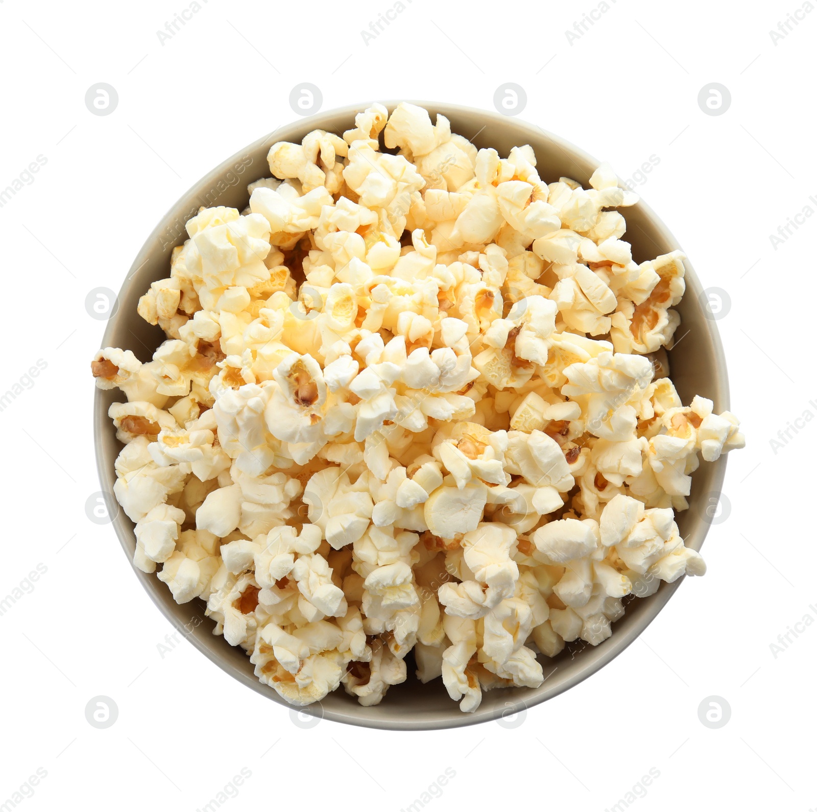 Photo of Bowl with delicious fresh popcorn on white background, top view