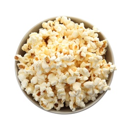 Bowl with delicious fresh popcorn on white background, top view