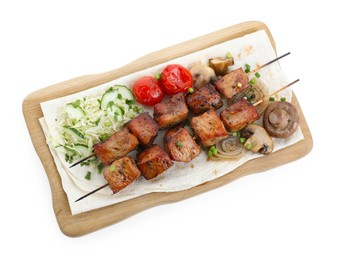 Photo of Wooden board with delicious shish kebabs, vegetables and lavash isolated on white, top view