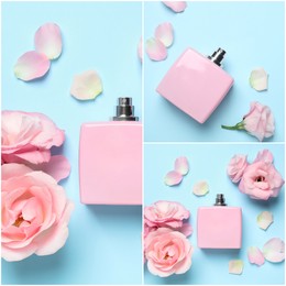 Beautiful collage with photos of luxury perfume and flowers represent its fragrance notes on light blue background, top view