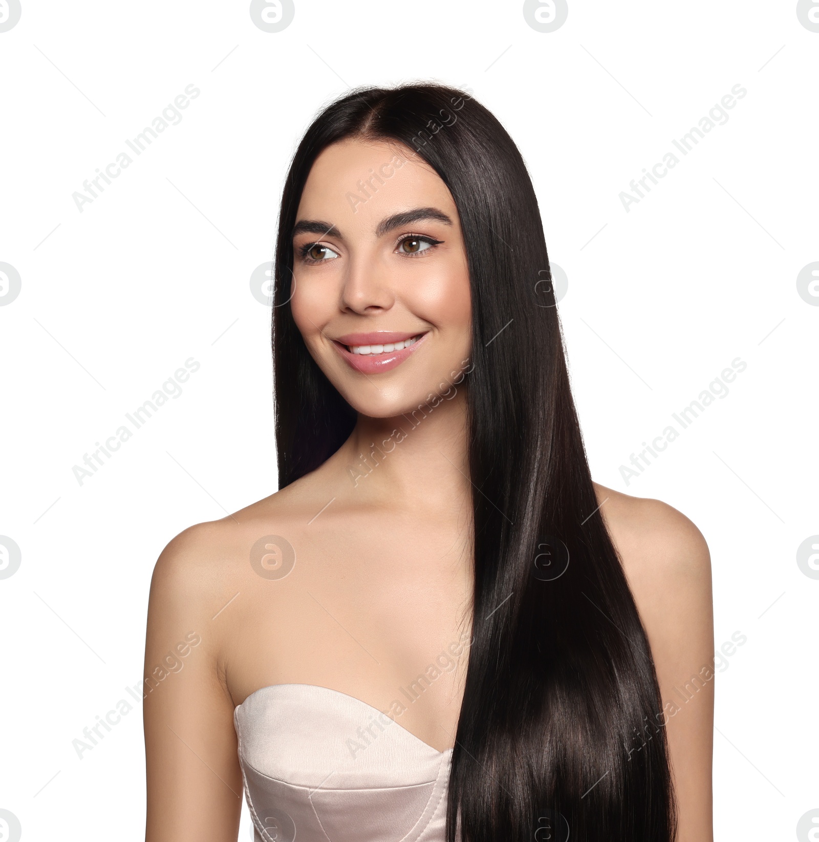 Photo of Portrait of beautiful young woman with healthy strong hair on white background