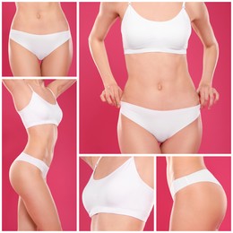 Image of Collage with photos of woman wearing white underwear on pink background