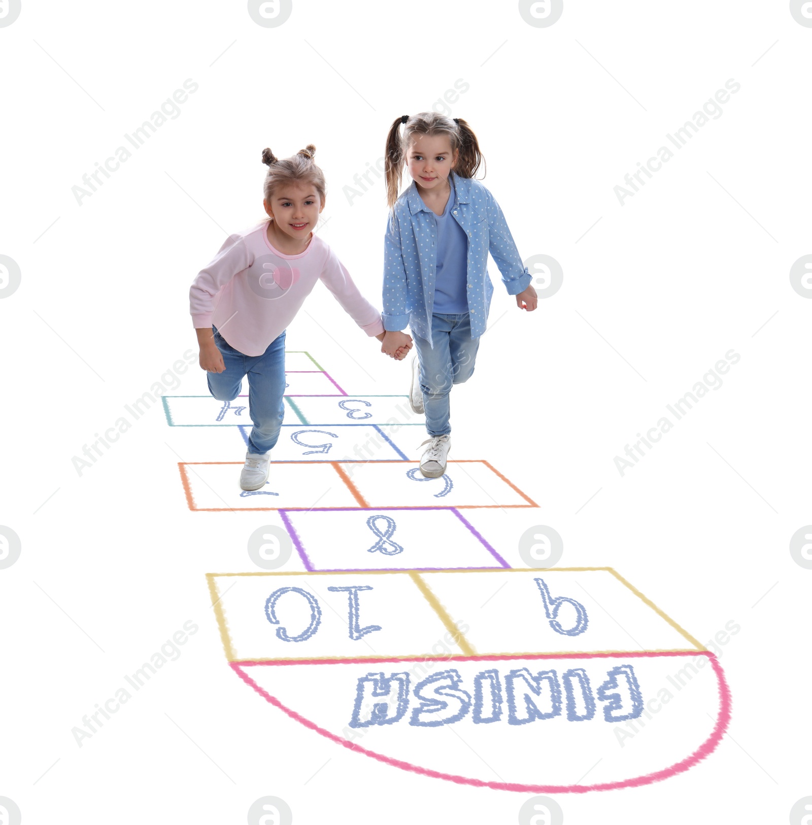 Image of Cute little girls playing hopscotch on white background