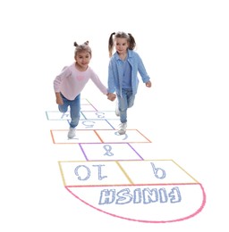 Image of Cute little girls playing hopscotch on white background