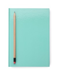Photo of New turquoise planner with pencil isolated on white, top view