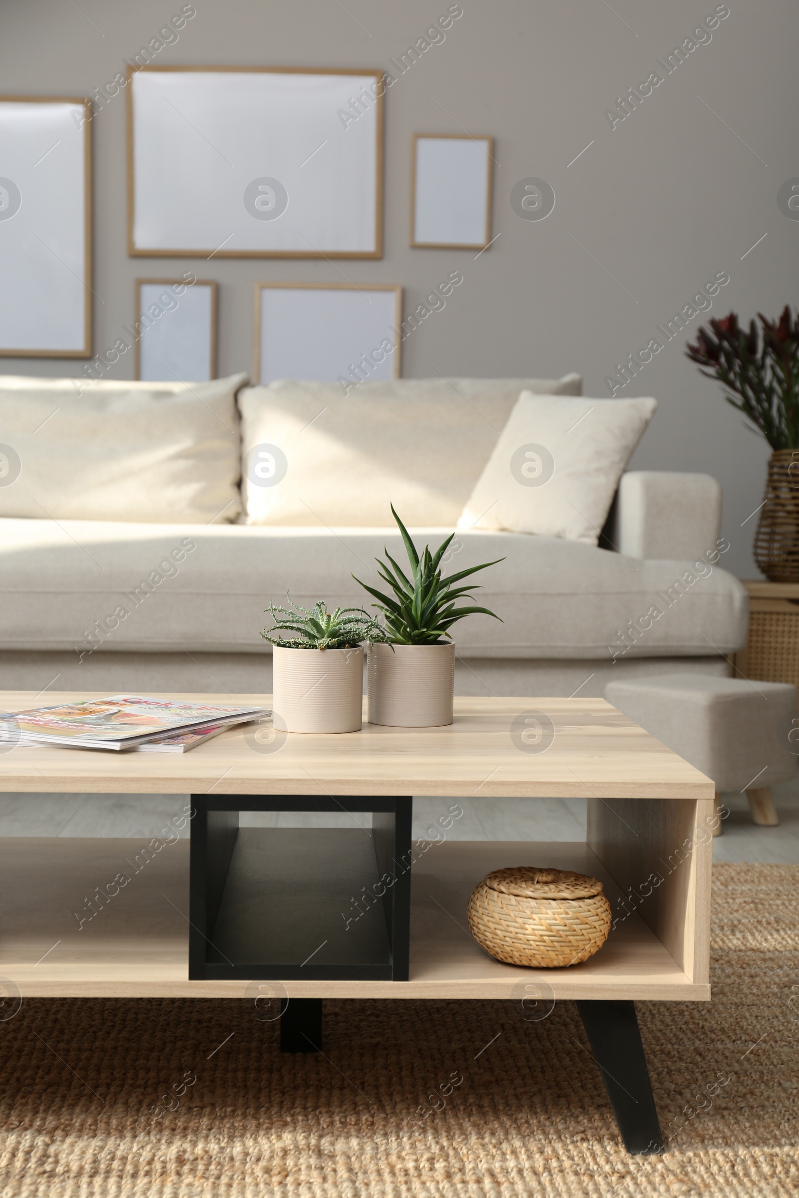 Photo of Beautiful living room interior with coffee table near sofa