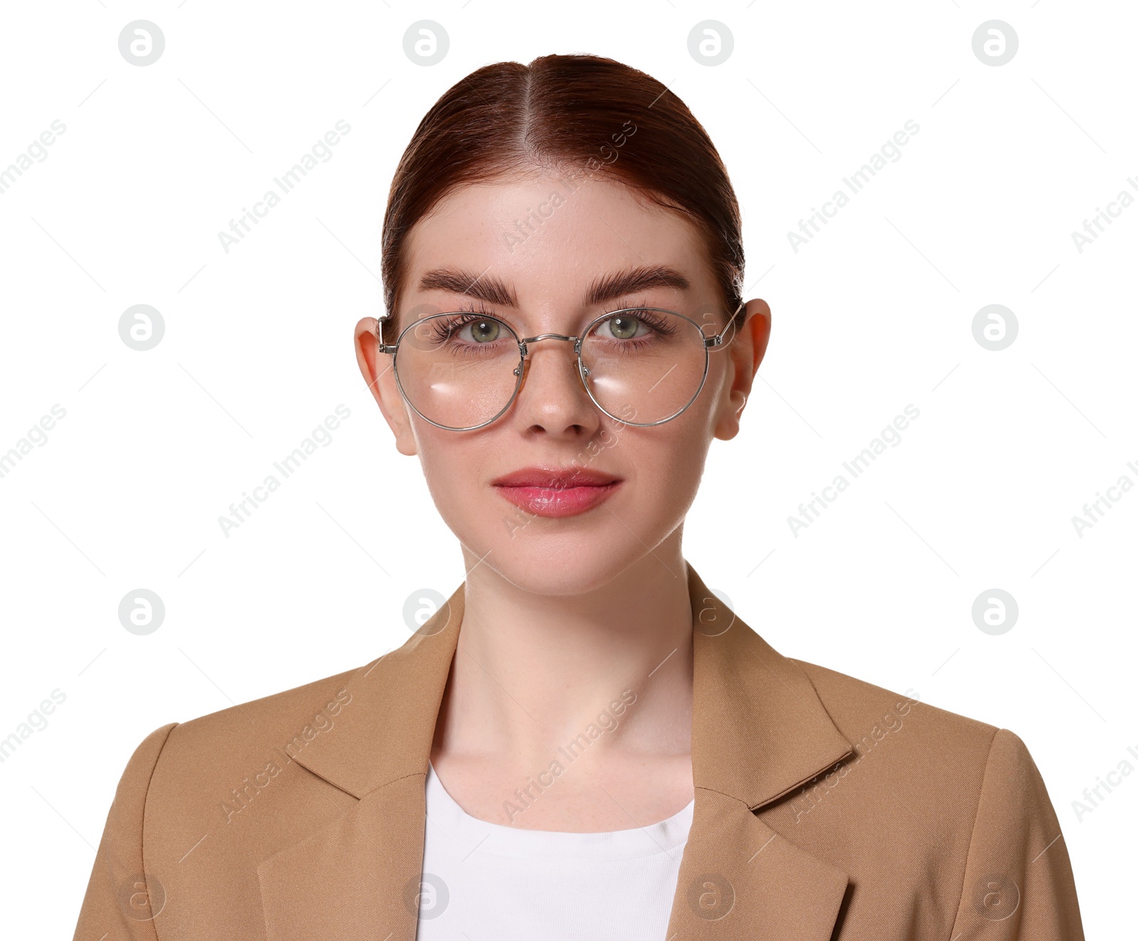 Photo of Portrait of confident businesswoman on white background